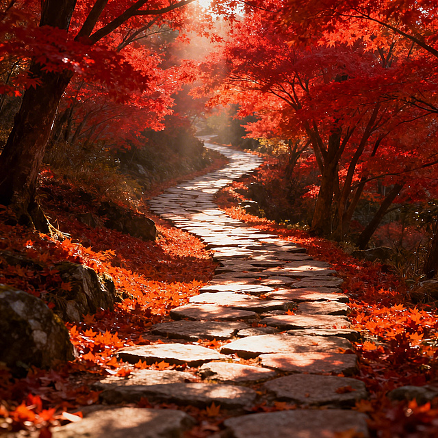 超写实风景，秋日红枫古道，枫叶红似火，石板小路蜿蜒，阳光透过红叶，地面铺满落叶