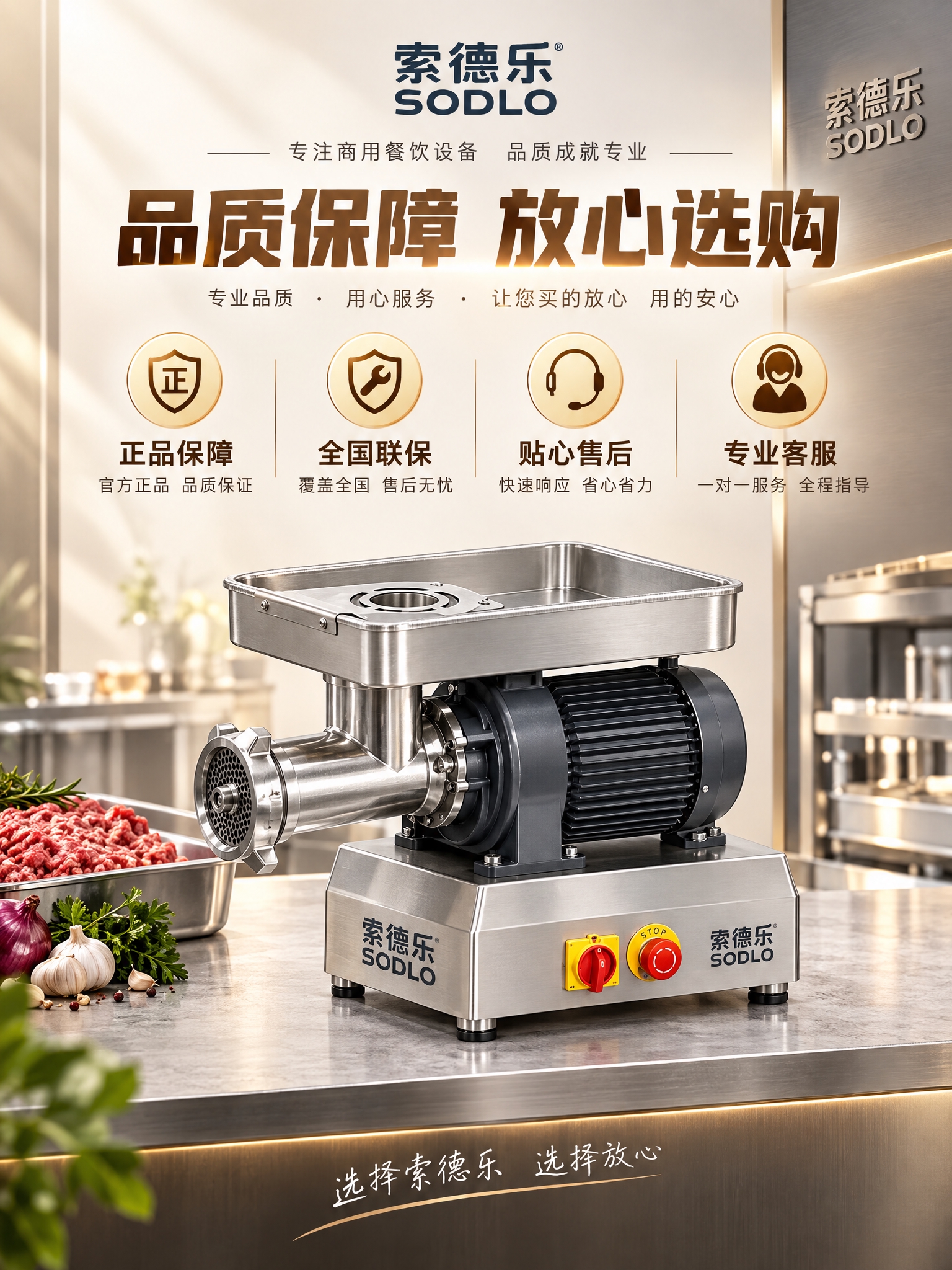 电商详情页品牌服务页，3:4竖版比例，索德乐SODLO商用绞肉… - 图片创意预览