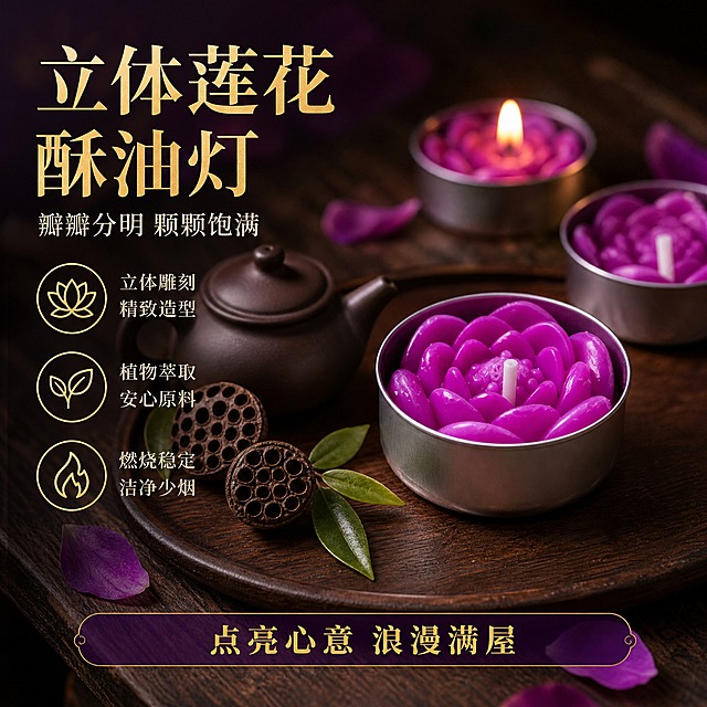 [单张主图] 紫色莲花造型酥油灯蜡烛，走高级氛围感爆款主图路线，同时承担点击、理解、信任、转化四个任务，突出立体雕刻莲花造型与浪漫氛围，适配淘宝/天猫平台。
[参考比对] 参考图为暗调紫色系莲花蜡烛主图，版式为顶部大标题+左侧竖排卖点图标+右侧多件产品陈列+底部横幅标语，色调为深紫暗调配金色文字，光影为暖烛光+暗背景高对比，场景为深色木桌+花瓣绿叶道具。本次生成保留暗调紫色系色调体系与暖烛光光影风格，其余维度差异化：构图改为左文右物场景型，视角改为平视45°斜角，场景改为中式禅意茶桌氛围，人物不出现，道具替换为紫砂小茶壶、干莲蓬、木托盘，文字全部重新撰写不照搬原文案，信息结构改为左侧文字区+右侧产品主体+底部轻信息条。
[画面主体] 画面右侧为1个完整的紫色莲花造型酥油灯（铝壳装），正面略偏45°视角，主体占画面50%-55%，莲花花瓣立体饱满、层次分明，颜色为鲜艳玫紫色，铝制外壳为银色金属质感，烛芯直立居中，保持与输入产品图外观、颜色、结构完全一致。产品后方错落摆放2-3个同款莲花蜡烛作为背景衬托，其中1个处于点燃状态，有柔和暖黄色小火苗，营造氛围感但不抢主视觉。
[构图版式] 采用左文右物场景型版式。左侧35%-40%区域为文字信息区，右侧55%-60%为产品主体与场景陈列区，底部15%为轻量信息横幅。整体满版无边框，产品完整不裁切。
[场景元素] 背景为深棕色木质纹理桌面，带有自然木纹肌理，背景上方为深紫到深棕的暗调渐变虚化背景，营造静谧高级氛围。产品放置在圆形深色木托盘上，托盘左侧点缀1个迷你紫砂小茶壶、2颗干莲蓬、3片深绿色茶叶作为禅意道具，散落2-3片紫色花瓣增加浪漫感。整体前中后景层次分明，背景虚化突出主体。
[文案版式] 所有文字为中文，字体选用雅致宋体+粗黑体组合，主标题字色为烫金色，辅助文字为浅米白色，强调色为深紫色。
顶部左侧：主标题分两行，第一行"立体莲花"，第二行"酥油灯"，字号最大，烫金色粗宋体，字间距宽松，左侧对齐。
主标题下方：副文案"瓣瓣分明 颗颗饱满"，浅米白色细宋体，字号约为主标题的40%。
副文案下方纵向排列3个圆形轻图标卖点，每个图标为浅金色描边圆形，内部是简约线稿图标，右侧配文字：
第一个图标（莲花图案）："立体雕刻 精致造型"
第二个图标（叶片图案）："植物萃取 安心原料"
第三个图标（火焰图案）："燃烧稳定 洁净少烟"
底部横幅：深紫色半透明圆角横幅，内部文字为"点亮心意 浪漫满屋"，烫金色宋体，居中排列，字号适中。
[光影质感] 商业静物摄影质感，主光源为右上方45°暖柔光，在莲花花瓣上形成柔和高光与自然阴影，体现蜡质的温润质感与花瓣立体层次。点燃的蜡烛火苗发出暖黄色微光，在周围花瓣与桌面形成微弱暖光漫反射。整体暗调亮主体，高对比但不刺眼，景深较浅，背景虚化，产品边缘清晰锐利，底部有自然接触阴影，无悬浮感。
[配色字体] 主色调：深紫色+深棕色暗调背景；辅助色：玫紫色（产品色）、烫金色（文字/图标）、浅米白（辅助文字）；强调色：暖黄色（烛光）。字体：主标题用粗宋体，副文案与卖点用细宋体，整体风格雅致高级，无手写体，无透视变形文字。
[比例分辨率] 比例1:1，2K分辨率，文字清晰可辨，产品细节清晰。
[负向提示词] 产品变形、花瓣残缺、颜色偏差、铝壳变形、烛芯错位、文字错字、糊字、水印、平台Logo、二维码、杂乱背景、多余人物、手部畸形、悬浮产品、边缘硬切、过度锐化、廉价感、模糊不清、噪点过多。