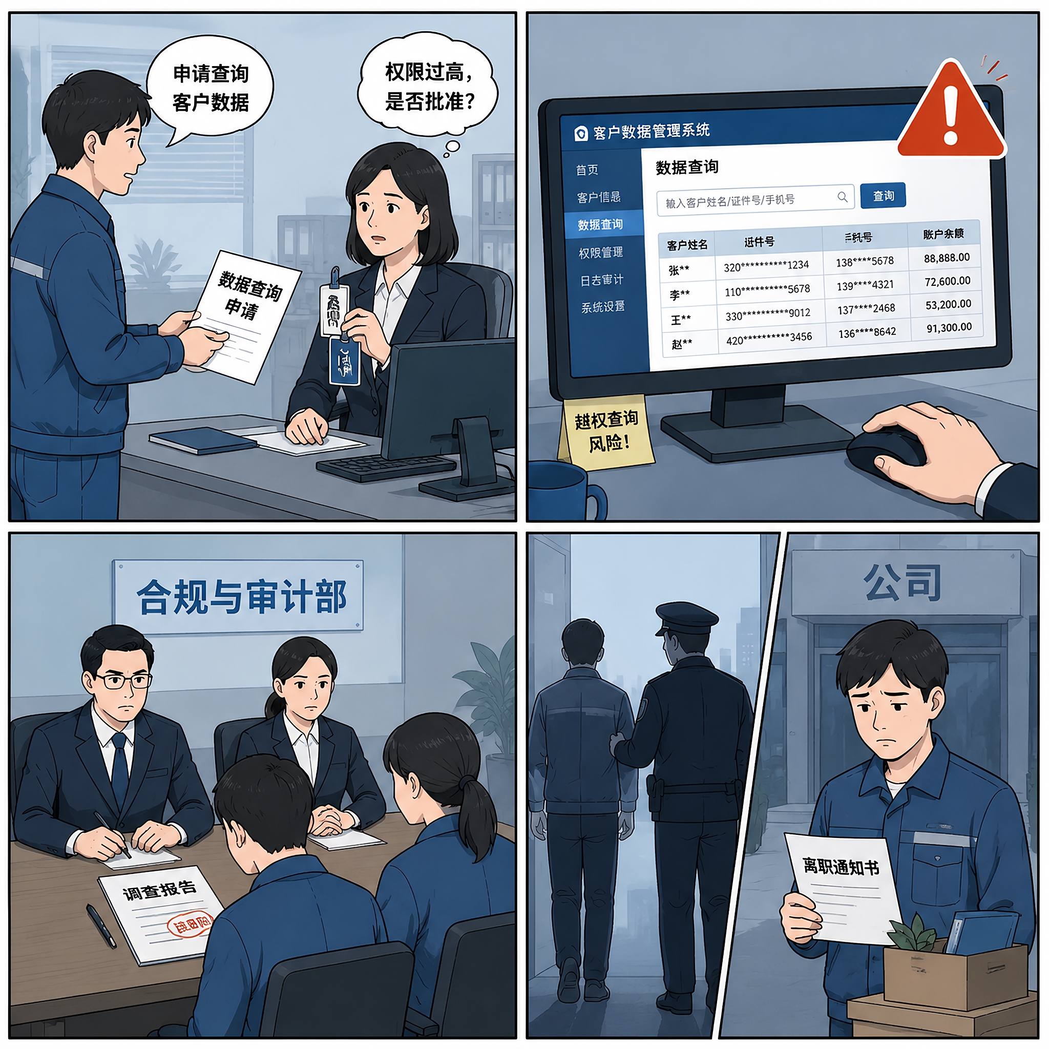四格漫画，2x2田字格布局，简约手绘插画风格，企业合规警示主题… - 图片创意预览