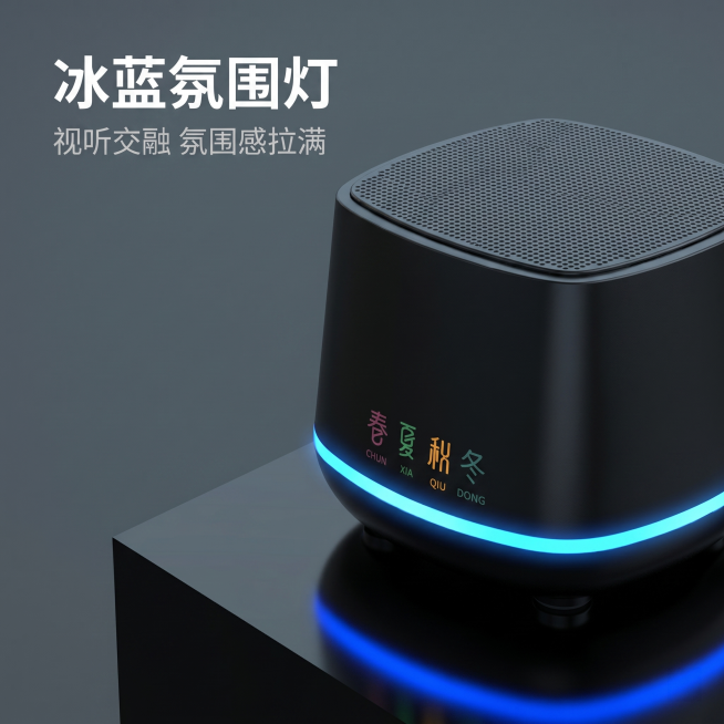 [主图-2] 便携式蓝牙音箱细节特写主图，冰蓝色氛围灯核心亮点展示。
[氛围风格] 科技感光影，突出产品细节质感
[画质] 商业摄影质感、光线柔和通透、产品清晰真实、画面干净高级。
[元素] 黑色蓝牙预览效果