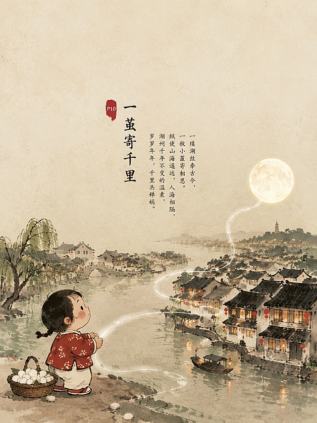 国风绘本插画，90年代江南怀旧画风，矮胖圆润的卡通风格，粗黑色简约轮廓，毛笔手绘笔触，米黄色宣纸肌理背景，画面上方大面积留白，竖向3:4构图，水墨质感，颜色柔和，以朱砂白、墨绿、浅褐色为主，颗粒手绘质感，扁平化，童真质朴。P10一茧寄千里，文案："一缕湖丝牵古今，一枚小茧寄相思。纵使山海遥远、人海相隔，湖州千年不变的温柔，岁岁年年，千里共婵娟。"。画面内容：丝线连接月亮、水乡、万家灯火，超级唯美，扣题千里共婵娟。