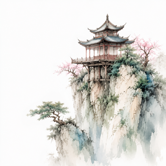 水彩上色山水，古风悬空阁楼建立在奇峰峭壁之上，周围点缀树木，国风春季，纯色留白背景，无多余杂物，整体为传统国风风格预览效果