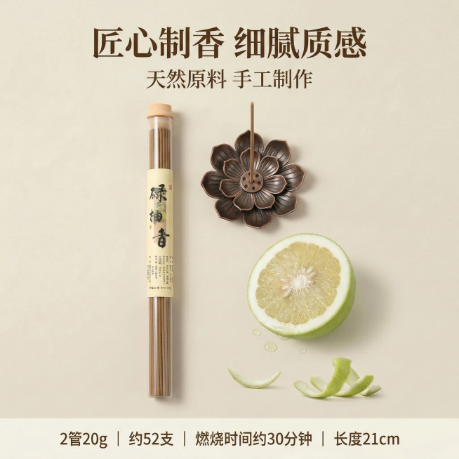 1:1竖版电商主图，严格还原上传的碌柚香线香产品图，包括透明管包装、木质瓶盖、竖排书法标签“碌柚香”、莲花香插的所有设计细节、颜色、LOGO位置、文字内容、图案元素，产品外观必须与参考图完全一致，不得预览效果