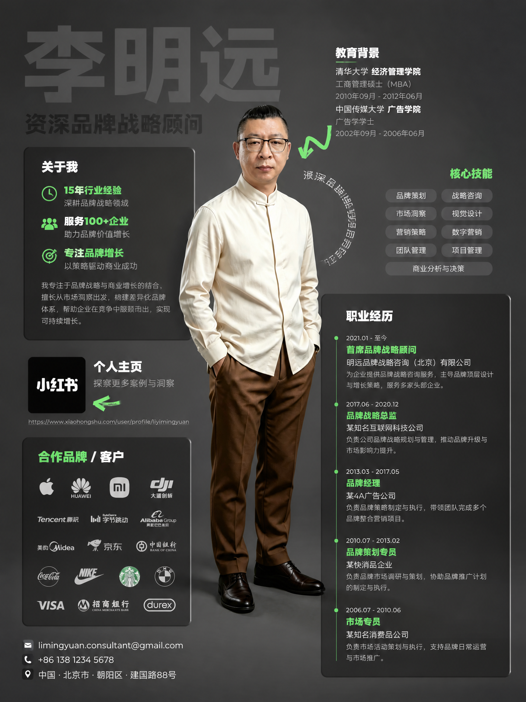参考第一张图的版式骨架与深灰高级质感风格，将人物替换为第二张图… - 图片创意预览