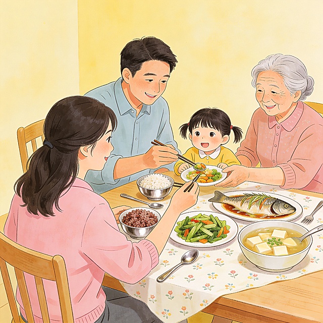合理膳食日常主题手绘插画，展示一家人共享健康家常餐食的温馨场景，体现合理膳食成为日常的健康生活方式，手绘插画风格，温馨治愈，画面无任何文字