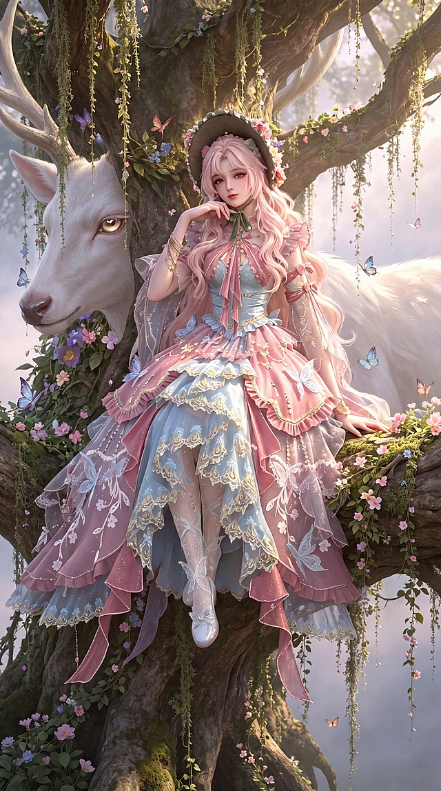 参考图一构图场景，替换图二人物保留原面貌，动漫写实3D风格，保留发型衣服配饰，穿图二鞋子，人物坐参天大树树枝，周围垂树须、彩花蝴蝶，大树后有巨大白鹿灵，鹿头侧面占半幅，一只眼从树干缝看前方，神圣空灵，背景森林，近实远虚，超高清，无水印