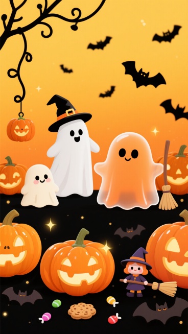 明亮橙黄色渐变背景的万圣节主题插画，画面底部和两侧布满大小不一、造型各异的卡通南瓜灯，有的咧嘴大笑露出牙齿，有的表情呆萌，表面有光滑的质感和高光，点缀着闪烁的金色光点。画面中出现多种可爱风格的幽灵，有戴着巫师帽的白色幽灵、戴着黑色尖角帽的幽灵、半透明的橙色幽灵，它们有着圆滚滚的身体和黑豆般的眼睛，表情友善。新增装饰物包括：左侧加入挂着小南瓜吊坠的黑色藤蔓，右侧添加手持扫把的迷你女巫玩偶，底部散……预览效果