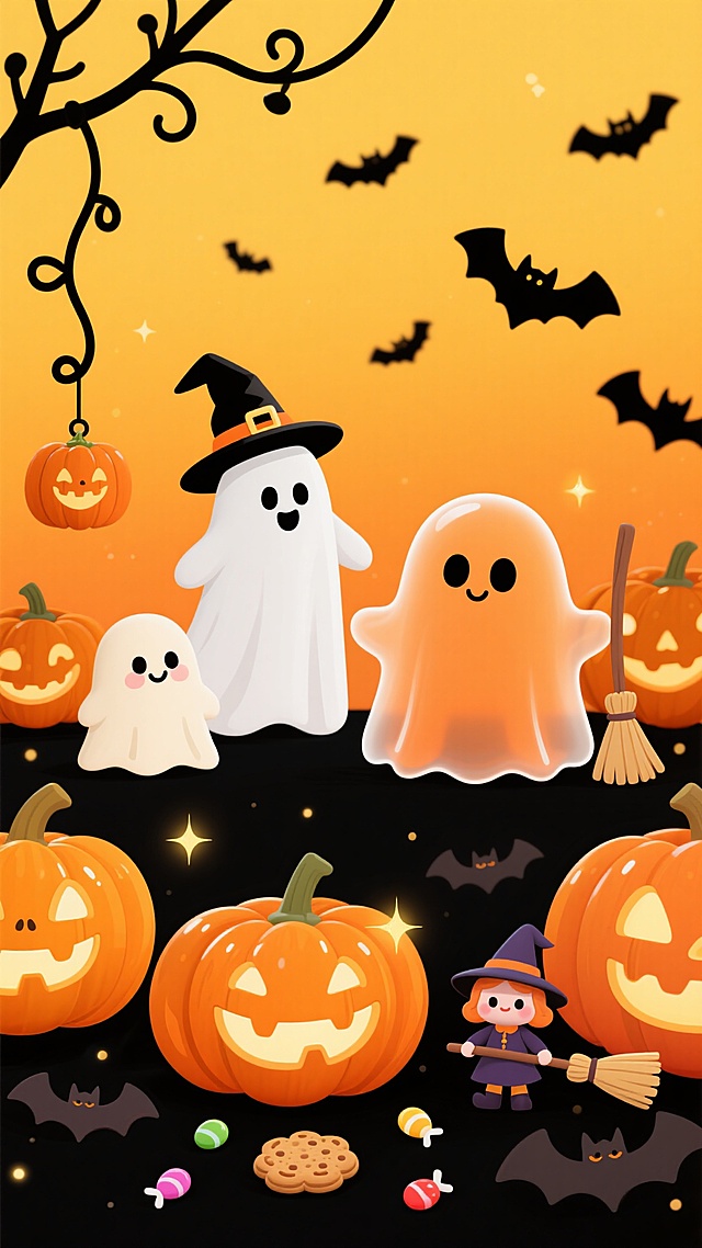 明亮橙黄色渐变背景的万圣节主题插画，画面底部和两侧布满大小不一、造型各异的卡通南瓜灯，有的咧嘴大笑露出牙齿，有的表情呆萌，表面有光滑的质感和高光，点缀着闪烁的金色光点。画面中出现多种可爱风格的幽灵，有戴着巫师帽的白色幽灵、戴着黑色尖角帽的幽灵、半透明的橙色幽灵，它们有着圆滚滚的身体和黑豆般的眼睛，表情友善。新增装饰物包括：左侧加入挂着小南瓜吊坠的黑色藤蔓，右侧添加手持扫把的迷你女巫玩偶，底部散落着彩色糖果和蝙蝠形状的饼干，背景中飞舞着更多形态各异的黑色小蝙蝠剪影，整体营造出欢快、温馨又充满节日氛围的感觉，保持卡通插画风格，色彩以橙色和黑色为主，光影柔和，所有元素布局均衡，留有充足的背景空间。