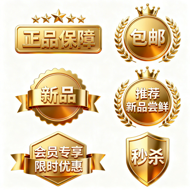 纯白背景上的6个不同造型徽章式金色系电商促销标签，统一采用金色渐变立体质感，包含皇冠、五角星、月桂枝等装饰元素，6个标签造型分别为矩形带星星、圆形徽章带飘带、波浪边圆形、圆形带皇冠、六边形带飘带、盾牌预览效果