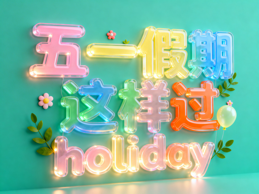 3D透明亚力克背光字，文字内容为“五一假期这样过”和英文“holiday”，采用马卡龙粉、黄、蓝、绿、橙渐变配色，字体表面光滑反光，带有柔和高光，周围点缀可爱小花与绿叶装饰，纯青绿色背景，暖调柔光氛围预览效果