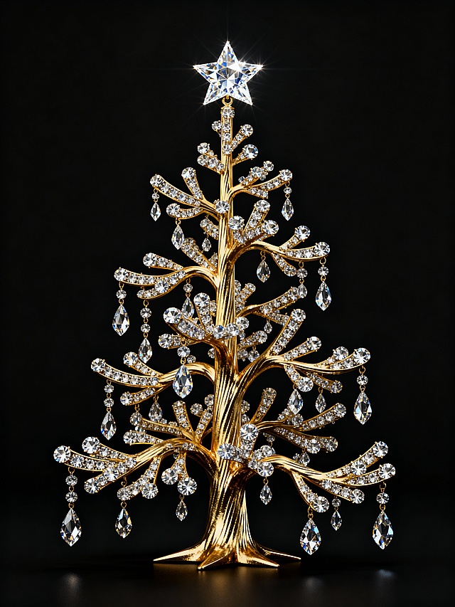 鎏金圣诞树，3D重拟物风，镶嵌晶钻，金属光泽闪耀，梦幻奢华，顶星璀璨，尽显优雅节日氛围。