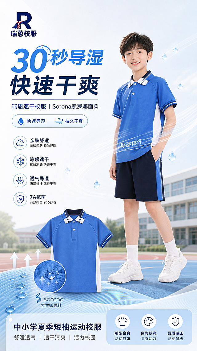 设计瑞蒽速干中小学校服宣传海报，左上方放置瑞蒽校服品牌logo，主体展示蓝色索罗娜面料短袖校服，突出30秒导湿快速干爽的速干功能，整体风格干净清爽的校园商业风