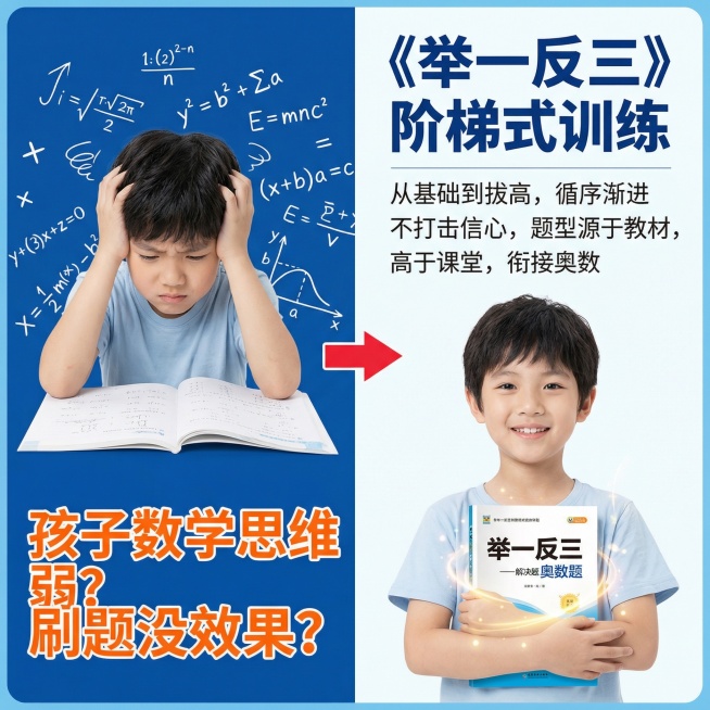 天猫1:1主图，痛点需求风格，蓝白色调干净清爽。左图展示孩子皱眉苦恼做数学题的场景，右图展示孩子轻松微笑解开奥数题的对比效果。痛点文案左栏："孩子数学思维弱？刷题没效果？"用橙色突出文字，解决方案右栏预览效果