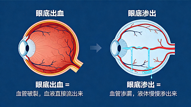 眼底出血 = 血管破裂，血液直接流出来VS眼底渗出 = 血管渗漏，液体慢慢渗出来