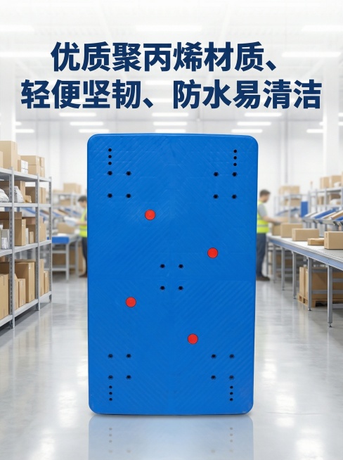 3:4竖版电商海报，简约现代风。主体是蓝色手推车车板，正面清晰展示防滑纹理，保持手推车车板的原本结构不变。标题为深蓝色粗体字，内容突出“优质聚丙烯材质、轻便坚韧、防水易清洁”的优势。背景是明亮整洁的电预览效果