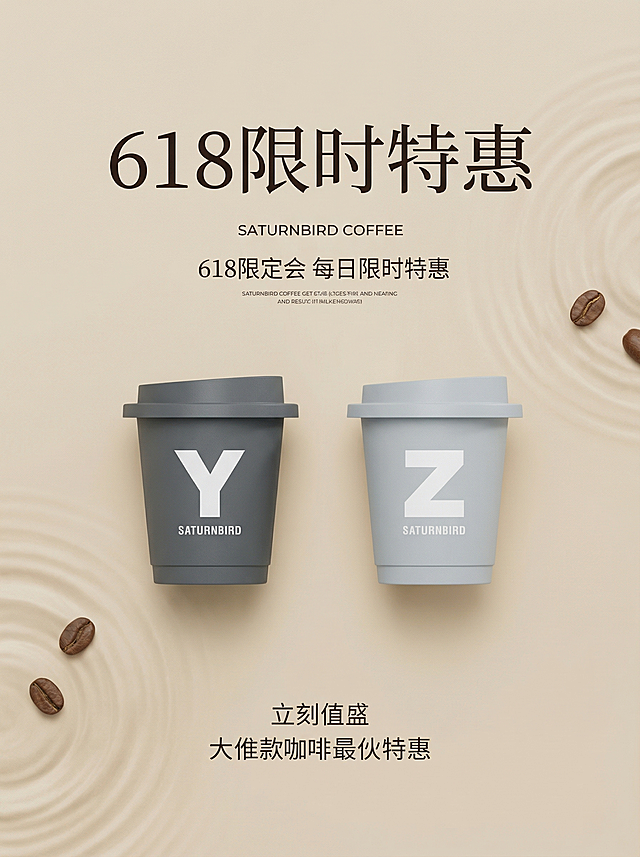 三顿半胶囊咖啡618促销海报，图中有两颗胶囊咖啡产品，遵循平衡对称原则，主次分明突出重心，符合黄金比例构图，合理留白设计，添加促销主题文案"618限时特惠"，风格简约高级，商业促销海报