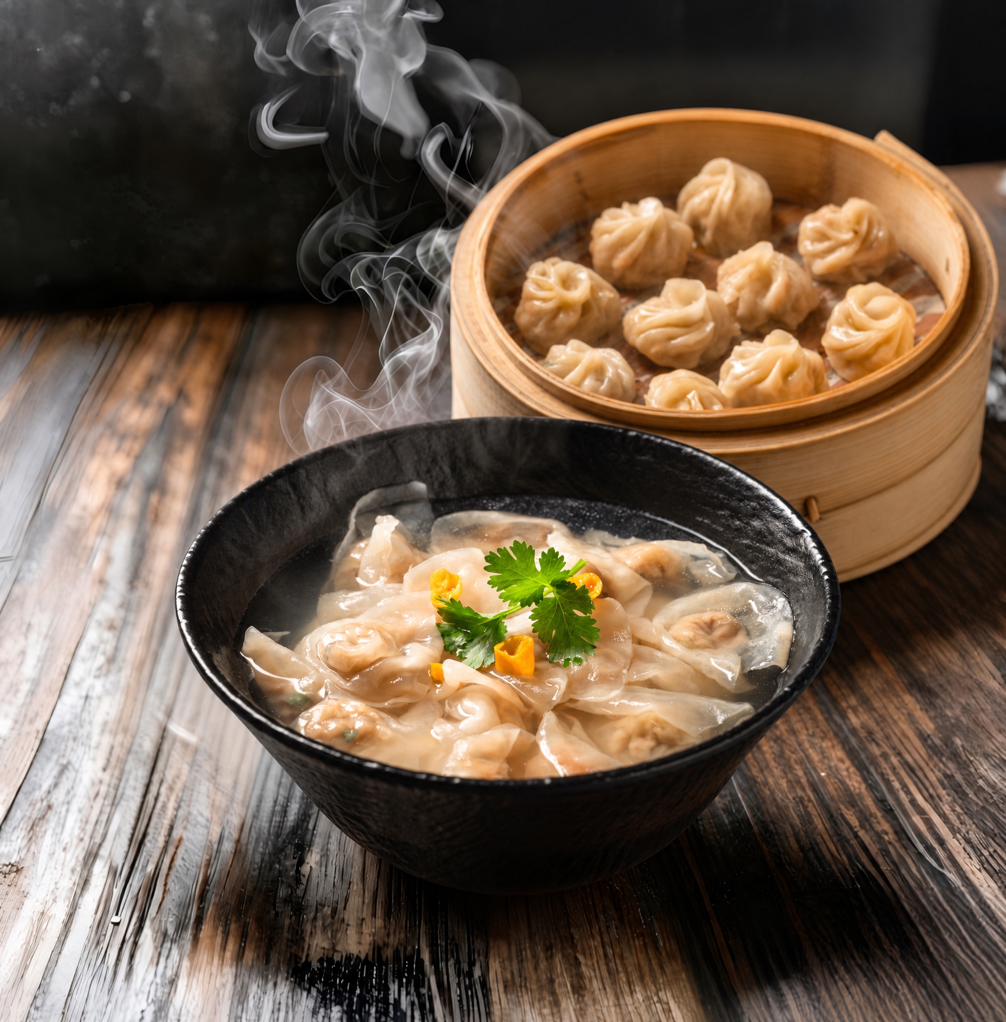 将图中前景的馄饨汤碗替换为image2中的肉燕汤（黑碗装的肉燕… - 图片创意预览