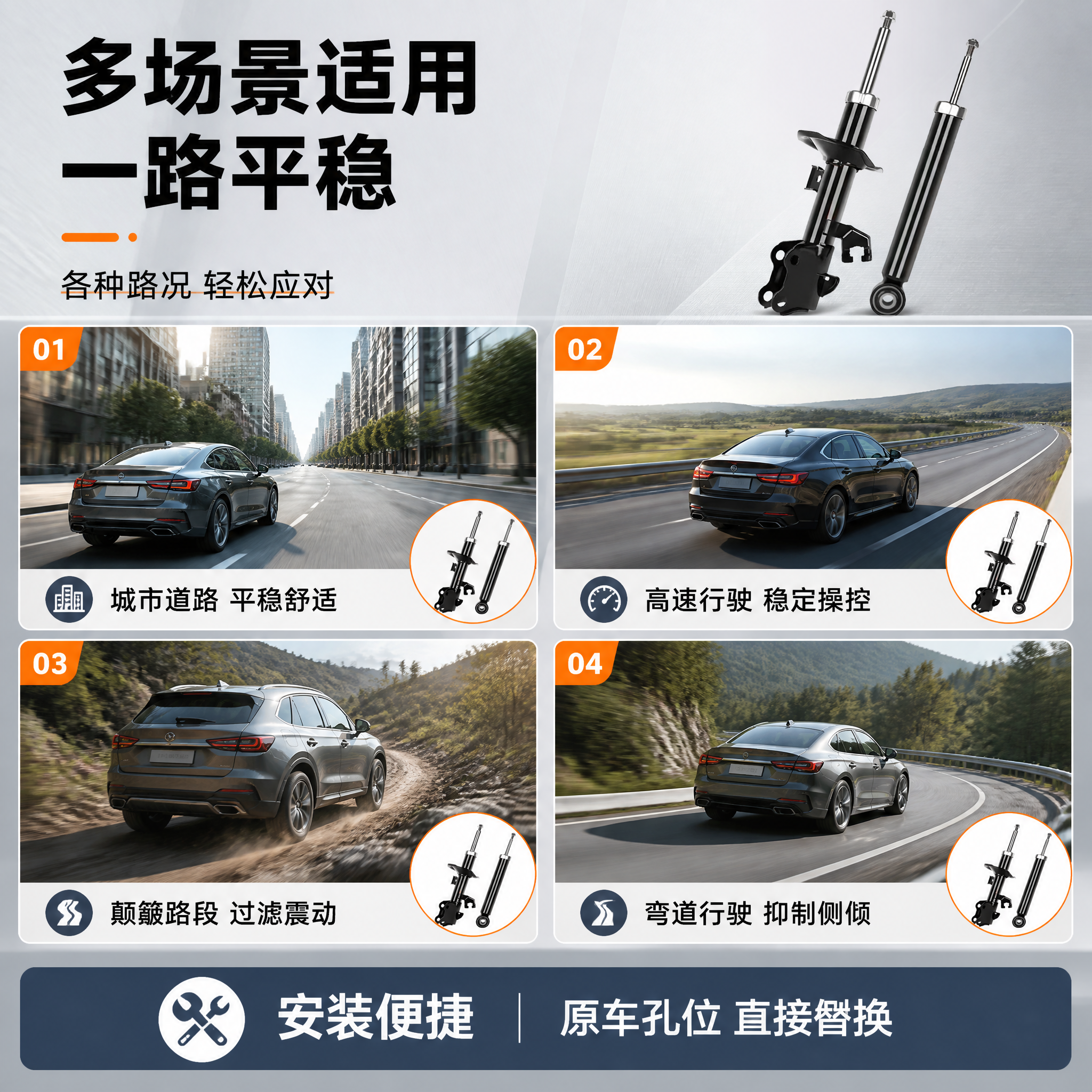 [主图-4] 减震器适用场景与安装场景 多场景宫格展示。 [氛… - 图片创意预览