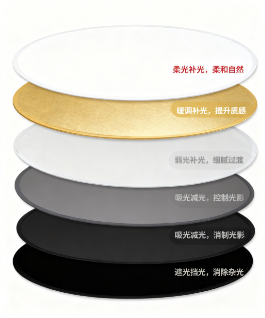 制作该反光板的剖面图，展示五层结构，第一层白色，标注“柔光补光，柔和自然”；第二层金色，标注“暖调补光，提升质感”；第三层浅灰色，标注“弱光补光，细腻过渡”；第四层深灰色，标注“吸光减光，控制光影”；预览效果