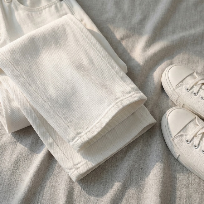 保持原白色牛仔裤产品主体不变，局部折叠摆放，近景特写展示裤脚走线和面料纹理，平铺在浅灰色棉麻质感背景，旁边搭配一双小白鞋作为配饰，柔和侧光，高级ins风，厚重牛仔面料质感，氛围感舒适，8K超高清，电商预览效果