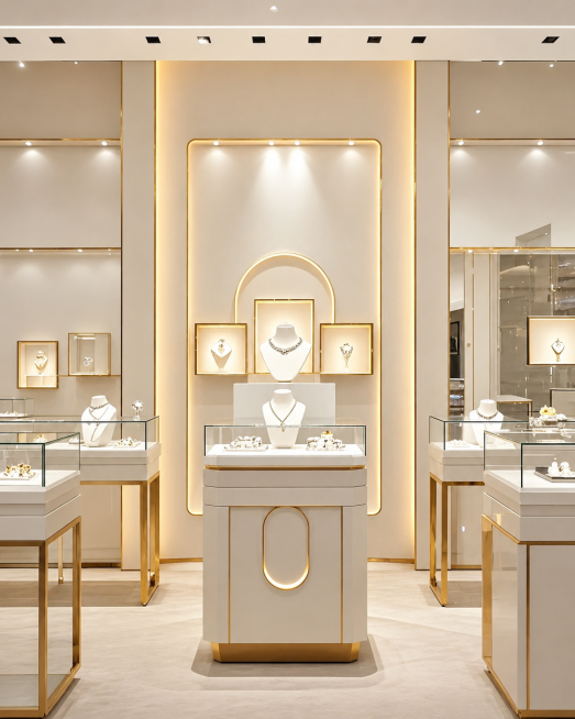 参考图风格，重新生成高端轻奢珠宝店展厅设计，米白色搭配金色线条，玻璃展柜展示珠宝首饰，简约现代空间设计，明亮灯光效果预览效果