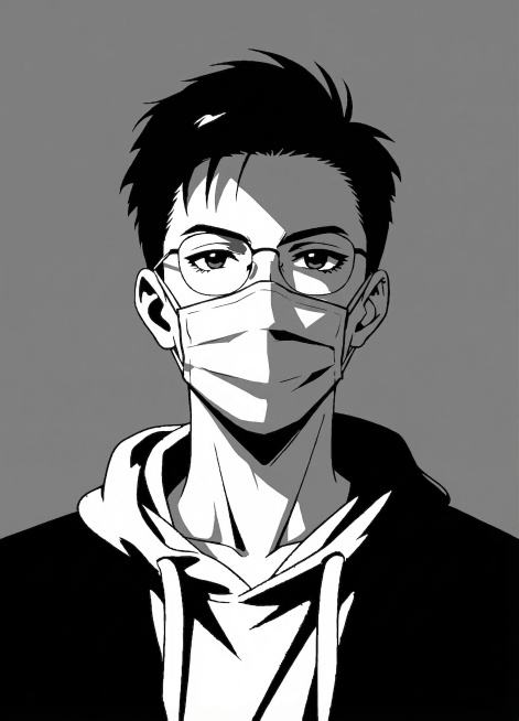 在原漫画人物嘴巴位置添加口罩，保持现有黑白色块插画画风不变，口罩风格和整体画风保持一致，不要修改其他部分内容预览效果