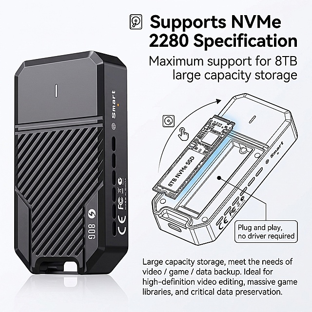 专业电商产品摄影，雷电5 NVMe硬盘盒，1600×1600分辨率，白色干净背景，突出硬盘支持能力。构图：产品置于左侧，右侧放置NVMe 2280硬盘拆解示意图+容量文案：主标题（黑色粗体）："💽 Supports NVMe 2280 Specification" 副标题（黑色细体）："Maximum support for 8TB large capacity storage"。可视化元素：拆解图展示硬盘安装方式，标注 "Plug and play, no driver required"。光线：柔和均匀布光，突出产品与硬盘的尺寸对比，风格清晰专业。文案：强调 "Large capacity storage, meet the needs of video/game/data backup" 等用户利益点，所有文案为英文。