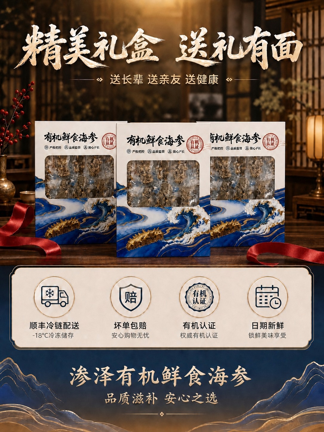 将底部大字"参泽有机鲜食海参"中的第一个字"参"替换为三点水的… - 图片创意预览
