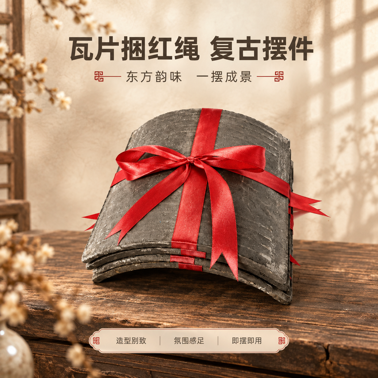 [商品] 使用【图1】瓦片捆红绳装饰摆件；保留瓦片弧形结构、青… - 图片创意预览
