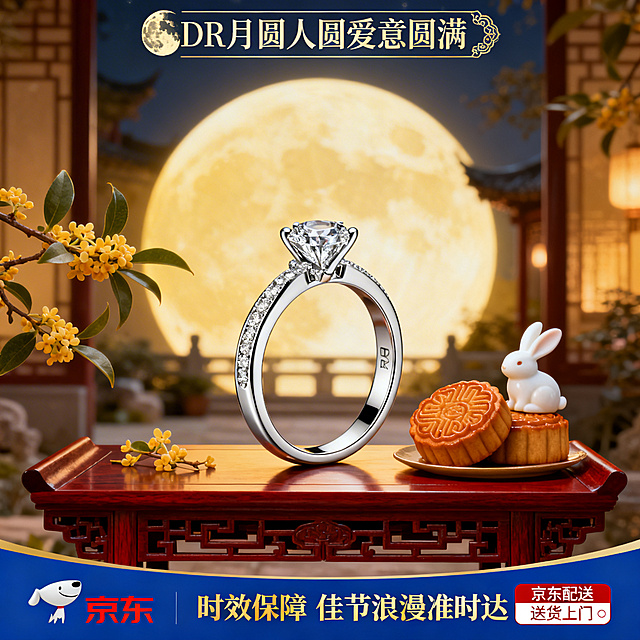 中秋团圆风DR戒指主图，1:1比例。顶部用月纹装饰字体写"DR 月圆人圆 爱意圆满"。中部DR戒指放置在中式红木赏月桌上，旁边搭配月饼、玉兔摆件和桂花枝，背景是虚化的圆月和古色古香的庭院，暖黄色调，充满中秋团圆的温馨浪漫感。底部通栏为藏蓝色，左侧放京东logo，中间金色字写"时效保障 佳节浪漫准时达"，右侧标注"京东配送 送货上门"