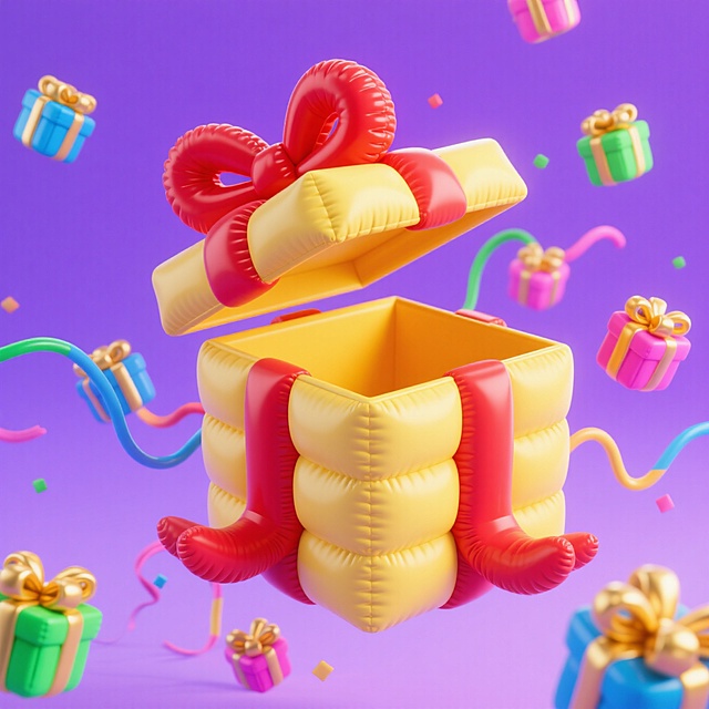 一个打开的黄色礼盒，盒盖系着红色大蝴蝶结，盒里及周围散落着多个带金色蝴蝶结的彩色小礼盒、彩色丝带等装饰元素