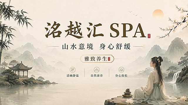 基于现有新中式国风SPA海报进行修改，保留原有主标题文字"洺越汇 SPA"、副标题文字"山水意境 身心舒缓"、装饰文字"雅致养生"和卖点文字"清幽静谧 自然康养 身心放松"，保留整体淡雅水墨山水画背景和新中式风格，在画面右下角留白处添加一位身着素雅汉服的女性侧身静坐，姿态放松自然，和整体山水意境融合，保持321*161cm横版比例，文字依然清晰可读