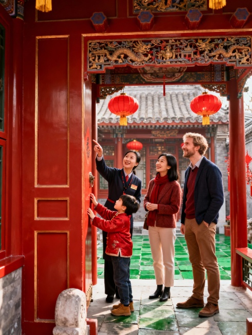 一个中国母亲 一个外国父亲和一个小孩春节在北京旅游画面，10张景点游玩，几张有导游的图预览效果