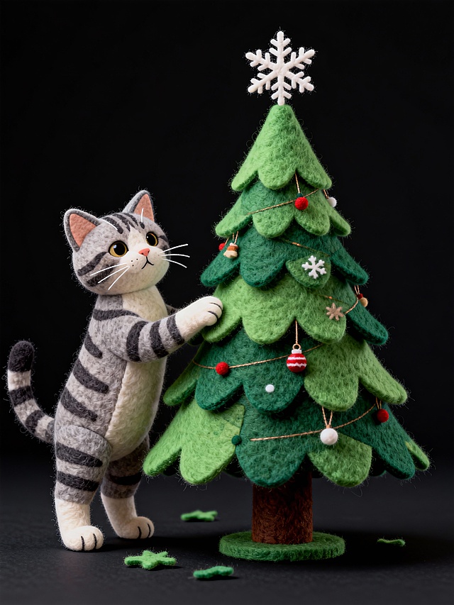 主体是3D立体毛毡材质的绿色圣诞树造型，树顶有个雪花形状的星星，树上挂着少许圣诞氛围装饰，地上有掉落的少许毛毡，有个品种为美短起司的毛毡小猫，站在圣诞树旁边，前爪搭在圣诞树上