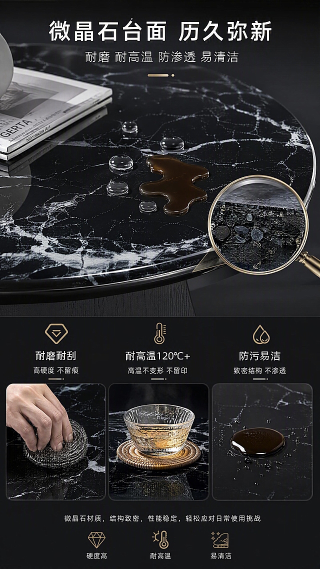 [第3张] 材质解析页-微晶石台面耐磨耐高温防渗透工艺证明。本张使用【图1】中大茶几的黑玫瑰微晶石台面作为主体特写，保持台面材质纹理与颜色一致。
[氛围/风格] 专业材质解析风，科技感+高级质感，微距特写商业摄影。
[元素布局] 画面上半部分为微晶石台面大特写（黑玫瑰色，黑色底带白色天然纹理），占比约50%，台面有水滴、咖啡渍演示防渗透；台面一角用放大镜效果突出石材致密结构；下半部分为3个功能演示小图+图标：左侧耐磨测试（钢丝球擦拭）、中间耐高温测试（放置高温杯垫）、右侧防渗透测试（液体滚落不吸收）。
[光影质感] 顶部柔光+侧光勾勒台面纹理，石材表面有细腻高光，水滴晶莹剔透，整体干净透亮。
[配色色系] 全局底色 #1A1A1A（深黑灰）；主色黑玫瑰石材黑白纹理；辅助色白色文字、浅金图标点缀。
[视角构图] 上特写下说明，俯视台面特写，阅读动线从上至下。
[文字版式] 顶部主标题「微晶石台面 历久弥新」，副标题「耐磨 耐高温 防渗透 易清洁」；下半部分3组图标+文字：「耐磨耐刮」「耐高温120℃+」「防污易洁」，每组配对应演示小图；文字白色，清晰醒目。
[比例分辨率] 9:16竖版比例，4K分辨率，文字清晰可辨，高清画质。
[负向提示词] 台面变形，纹理错乱，颜色偏差，水印，文字错乱，文字过小，产品模糊，背景杂乱。