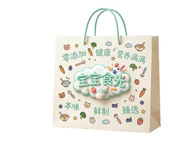 宝宝食光外卖包装袋设计，保留原有奶白色和薄荷绿配色，文字"零添加""健康""营养满满""本味""鲜制""臻选"零散分布，添加辅食装饰图案，将中央LOGO替换为带有云朵、水果、奶瓶元素的立体3D宝宝食光LOGO，整体风格温馨可爱。