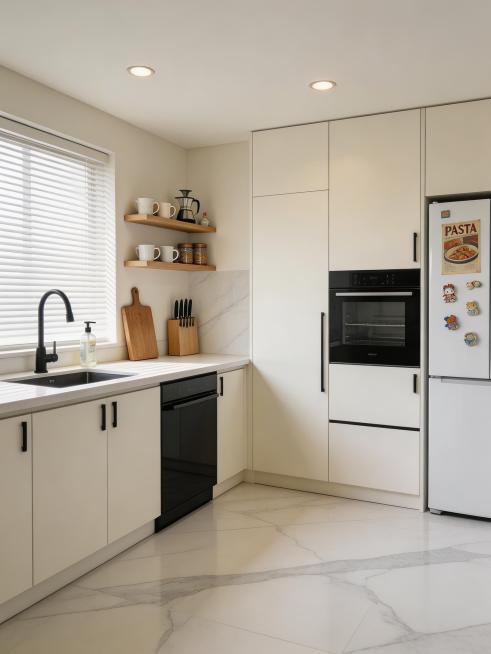 超写实室内空间商业摄影，高细节，广角平视视角，完整呈现现代简约奶油风 L 型封闭式厨房，画面焦点清晰，景深自然，真实还原家居实景质感，整体空间明亮通透，干净整洁，充满温馨的生活化烟火气。整体色调以哑光预览效果