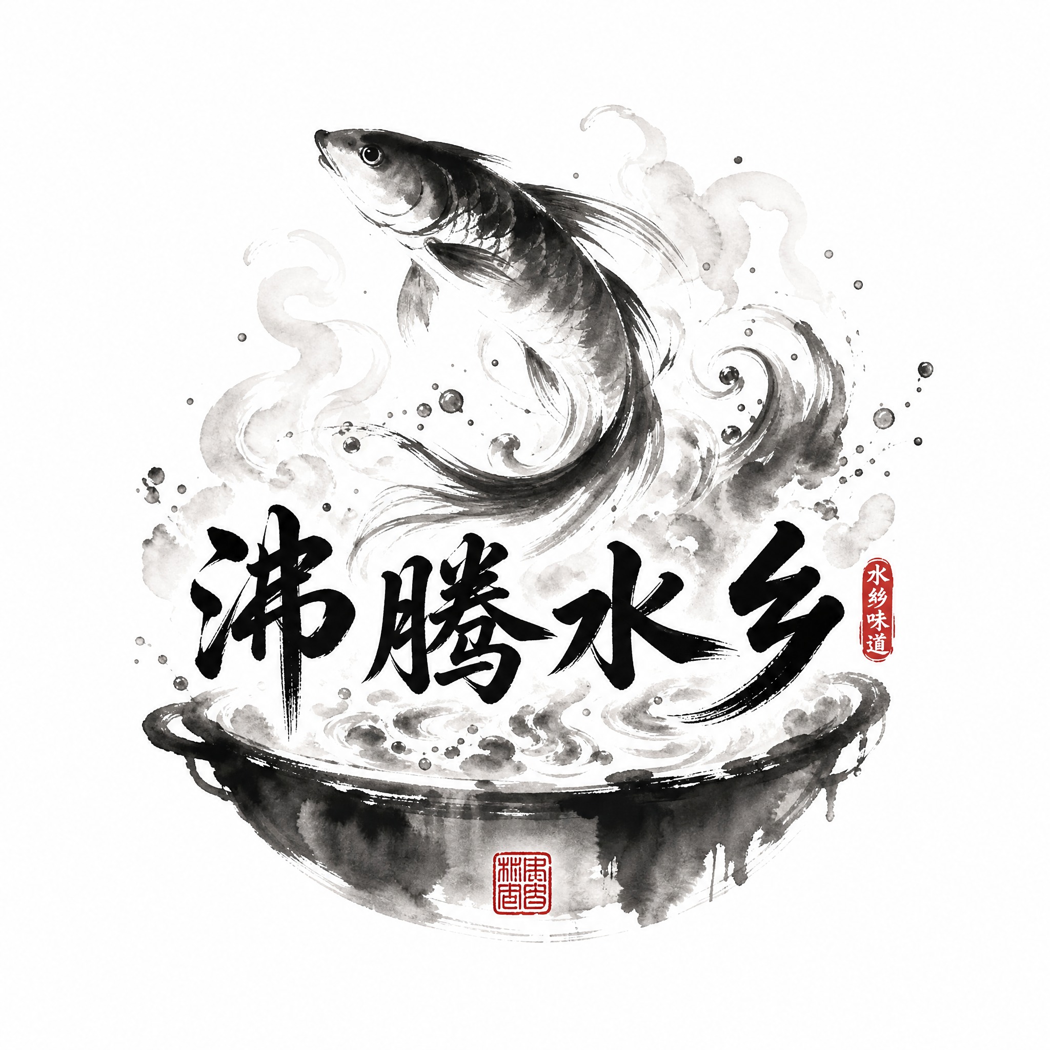 一个名为'沸腾水乡'的餐饮品牌LOGO设计，水墨国风风格，一条… - 图片创意预览