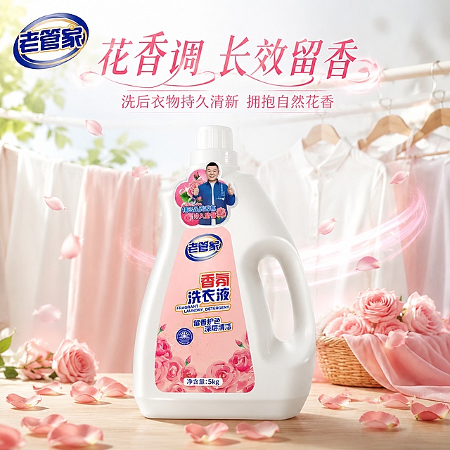 「图片1」生成一套主图（5张），商品名称是老管家香氛洗衣液，净含量5kg，卖点是深层洁净去渍
护色不易发白
花香长效留香
大桶居家耐用，突出商品卖点，规格是5kg瓶装装陈列设计，并配有清洗衣物后衣物干净留香，不能出现平台官方违规词，结合电商爆款主图边框设计，吸睛力超强，用户看到要点击的感觉，适配电商平台，主图比例为1:1