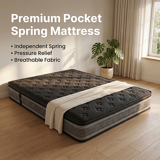 [Main Image 1] Black Pocket Spring Mattress in modern bedroom scene. [Atmosphere Style] Warm cozy modern home life style. [Quality] Commercial photography texture, soft and transparent natural light, clear and realistic product, clean and advanced picture. [Elements] Place the black mattress in the center of the frame at a 45-degree front-side angle in a modern minimalist bedroom. The bedroom background includes light wood floors, off-white walls, a simple knitted blanket at the foot of the bed, and a green potted plant in the corner. Keep the appearance (physical structure, material texture, color) of the mattress completely consistent with the input product image, eliminate any deformation and color difference, and perform fine processing. The product occupies 85% of the frame, full screen without border. [Lighting] Warm natural light in the afternoon enters from the side window, soft light through the yarn curtain, main light on the side, reflected light on the wall fills the light, the light is comfortable, the high light does not overflow, the dark part has layers, and the fabric texture is clearly highlighted. [Color Matching] Main color is matte deep black of the mattress, auxiliary colors are light wood warm tones and off-white wall tones. [Perspective Composition] 45-degree front side elevation, the mattress is the visual center, the foreground and background are layered, and the outine is complete without cutting. [Text Layout] Main title "{Premium} Pocket Spring Mattress" in large bold white sans-serif font on the upper left negative space left-aligned with safe margins. 3 key selling points listed below: "• Independent Spring" "• Pressure Relief" "• Breathable Fabric", all texts are in English, no Chinese characters. [Proportion Resolution] 1:1 ratio, 2048x2048 resolution, clear text, ultra high definition. [Negative Prompt] Deformed, watermark, text confusion, blurred product image, cluttered background.