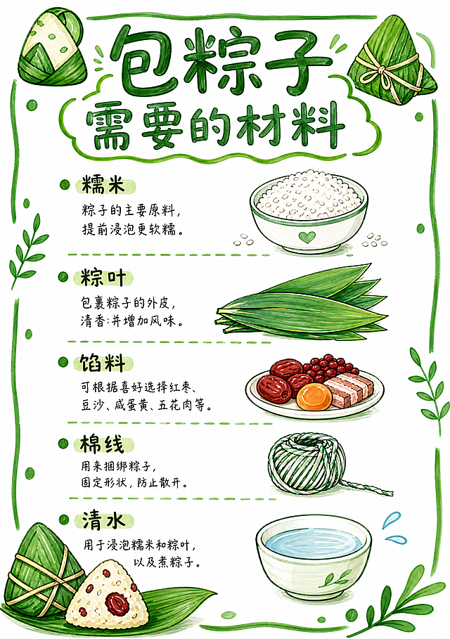 参考粽子做法手抄报的马克笔手绘风格，制作竖版端午节包粽子需要的材料手抄报，白底绿色调，包含标题"包粽子需要的材料"，分点列出每种材料，搭配对应的粽子粽叶等手绘小插图，排版清晰简洁，马克笔手绘风格，尺寸210*297mm