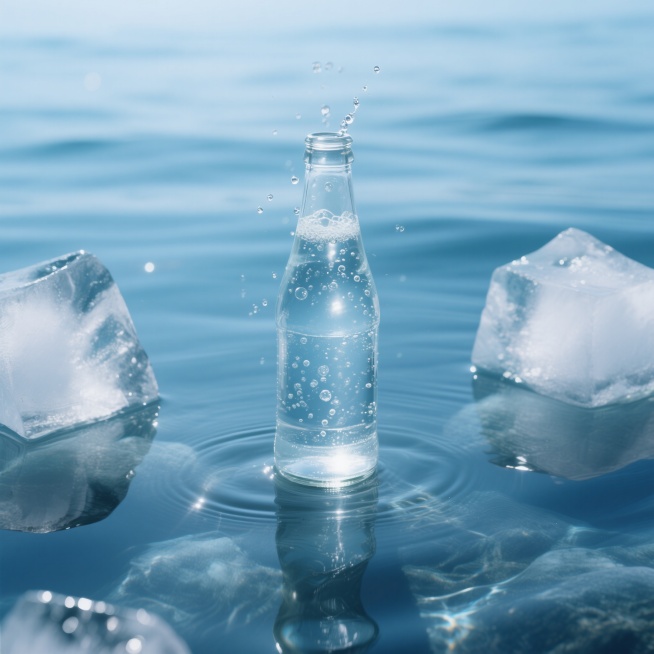 特写镜头下，一瓶气泡水位于画面中心，放置在海平面上，瓶身通透有光泽，气泡升腾。画面左右两侧漂浮着不规则形状的冰块，冰块边缘清晰，带有透明质感。底部是清澈透气的水面，能看到轻微的波纹和水下的朦胧光影。整预览效果