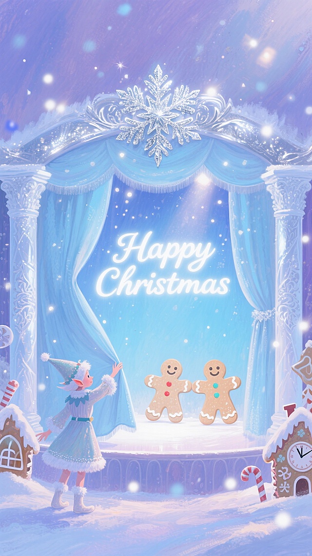 梦幻水彩风插画，软3D拟人小精灵拉开帷幕，姜饼人登场，粒子光效点缀，圣诞氛围甜蜜可爱。