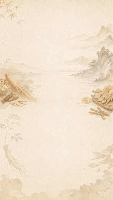 [第8屏] 品质检测展示背景，仅生成中医国风设计背景，不添加违规认证文字内容。浅米色宣纸底，点缀浅棕色水墨山水纹理和淡淡中药材轮廓，保留顶部标题留白和底部内容留白，整体风格保持与前面7屏一致的沉稳原木预览效果
