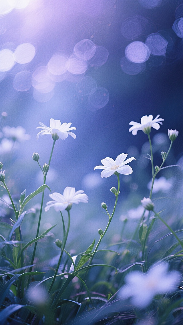 毛玻璃纹理质感的自然风光，画面整体以深蓝色和紫色为主色调，透明的玻璃质感，柔和的光影效果，背景虚化，前景是白色的花朵和绿色的茎叶，整体呈现出一种梦幻、朦胧的氛围，色彩和谐统一，光影运用自然，笔触质感细腻，构图布局合理，视觉引导线清晰，景深控制得当。