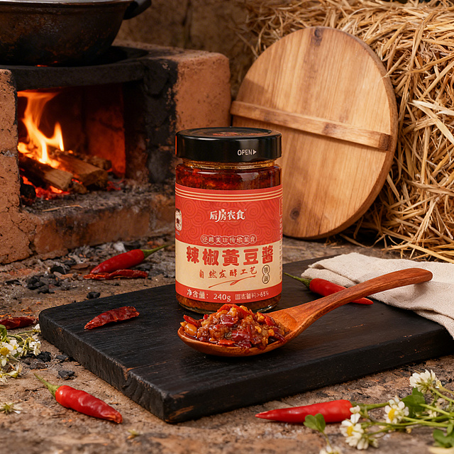 保留产品瓶身、所有文字图案和酱料完全不变，形状结构颜色特征一字不改。农家风格差异化场景：土灶边的黑木案板，旁边靠着木锅盖和干稻草堆，柴灶暖光透出烟火气，质朴农家风格，1:1正方形构图，传统手工美食摄影，超有食欲
