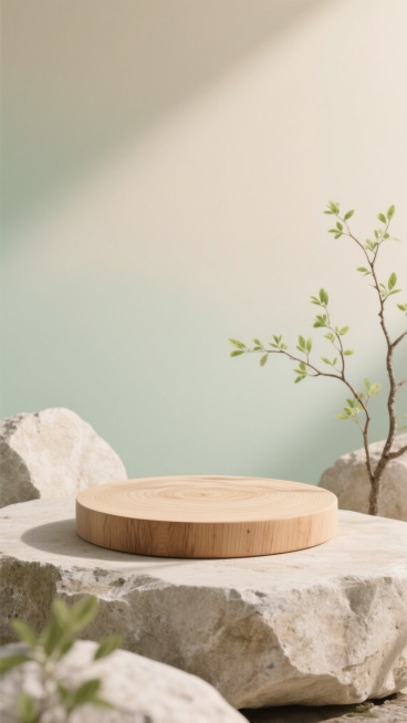 自然写实风格，画面中心是一个简约的圆形木纹展台，木纹纹理清晰可见，呈现出纯天然的质感。展台位于由浅色岩石构成的自然平台上，岩石表面粗糙有颗粒感。背景采用柔和的浅米色与淡绿色渐变，营造出宁静自然的氛围。画面右侧和左下角点缀着几枝带有嫩绿新叶的树枝，枝叶舒展，姿态自然。光线从斜上方柔和洒下，在木纹展台和岩石上形成淡淡的阴影，高光处细腻柔和，整体色调统一和谐，突出简约纯天然的氛围，画面干净整洁，无多……预览效果