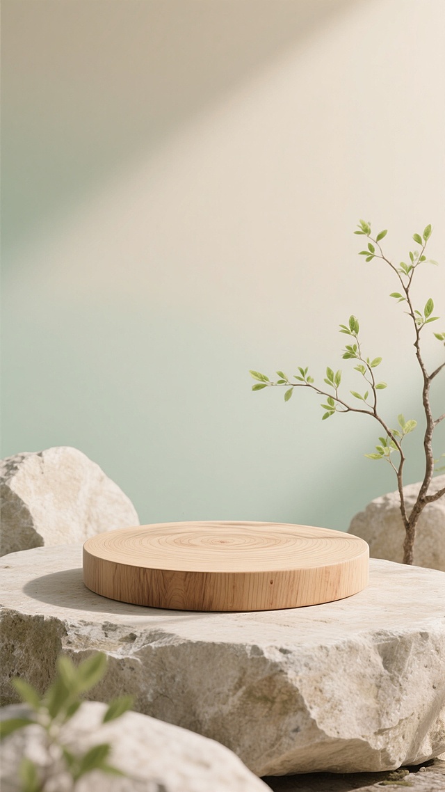 自然写实风格，画面中心是一个简约的圆形木纹展台，木纹纹理清晰可见，呈现出纯天然的质感。展台位于由浅色岩石构成的自然平台上，岩石表面粗糙有颗粒感。背景采用柔和的浅米色与淡绿色渐变，营造出宁静自然的氛围。画面右侧和左下角点缀着几枝带有嫩绿新叶的树枝，枝叶舒展，姿态自然。光线从斜上方柔和洒下，在木纹展台和岩石上形成淡淡的阴影，高光处细腻柔和，整体色调统一和谐，突出简约纯天然的氛围，画面干净整洁，无多余装饰，给人一种质朴、宁静、回归自然的感觉。