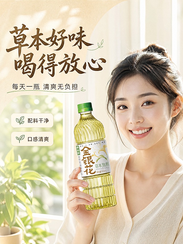 [商品] 使用【图1】泰新鲜金银花植物饮料单瓶；模特手持的饮料瓶保留全部外观、标签文字、绿色瓶盖，清晰完整，不改变颜色和结构。
[画面] 目标：模特生活方式展示，传递自然清爽的饮用体验。构图：亚洲年轻女性（25-30岁，清新自然妆容，浅色系休闲上衣）半身入镜，在明亮的室内窗边，右手持金银花饮料瓶举到胸前，面带微笑看向镜头，姿态自然放松；饮料瓶在画面中心偏右，占画面约45%，标签正面朝向观众；背景是虚化的白色窗帘和绿色植物，阳光从侧面洒入；≥3层视觉层次（前景模特手持产品/中景模特上半身/背景虚化窗边绿植）。
[视觉] 套系策略：风格=清新自然草本风商业摄影；标题字=手写感书法宋体（粗）；正文字=简洁无衬线体；主色=暖米杏；背景延展=基于暖米杏做深浅渐变、同色系纸张质感和柔和光斑；强调色=草木绿，仅用于小面积图标、引线、标签和装饰线条；标题色=深棕褐；正文色=中暖灰；组件=圆角浅底信息卡、细线引线、草本叶片装饰；光影=侧窗自然光，柔和明亮，人物皮肤通透。
[文字] 左上主标题"草本好味 喝得放心"，副标题"每天一瓶 清爽无负担"，下方2个短卖点：「配料干净」「口感清爽」；文字全部横排，不遮挡人物脸部和产品主体。
[规格] 图片比例3:4竖版，4K，负向提示：避免变形、错字、文字过小、冷蓝主背景、产品标签模糊、人物表情僵硬、医疗功效暗示。